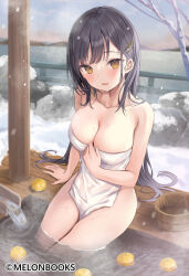 Rule 34 | 1girl, akino ell, arm support, black hair, breasts, bucket, cleavage, food, fruit, hand on own chest, large breasts, long hair, looking at viewer, mandarin orange, melonbooks, naked towel, onsen, open mouth, original, sitting, smile, snow, snowing, solo, steam, towel, very long hair, water, wet, winter, wooden bucket, yellow eyes
