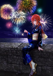 Rule 34 | 1girl, absurdres, aerial fireworks, ahoge, alternate costume, alternate hairstyle, arm support, blue eyes, blue kimono, character request, check character, chinese commentary, cloud, cloudy sky, cobblestone, commentary request, fingernails, fireworks, full body, highres, japanese clothes, kimono, light reflection (water), low ponytail, moss, n.s.egg, nail polish, night, obi, ocean, on wall, parted lips, red hair, red nails, sandals, sash, senkou hanabi, sidelocks, sitting, sky, solo, sparkler, stone wall, tabi, u-35 (warship girls r), wall, warship girls r, yukata