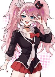 Rule 34 | 1girl, bear hair ornament, black choker, blonde hair, blue eyes, bow, breasts, choker, cleavage, collarbone, commentary request, danganronpa: trigger happy havoc, danganronpa (series), enoshima junko, hair ornament, highres, large breasts, long hair, looking at viewer, miniskirt, nail polish, necktie, red bow, red nails, school uniform, shirt, skirt, smile, solo, tongue, tongue out, twintails, v over eye, yuma (yumachansan)