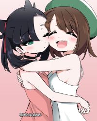 Rule 34 | 2girls, :d, alternate costume, asymmetrical bangs, bare arms, black choker, black hair, blush, breasts, choker, closed eyes, commentary request, creatures (company), dress, game freak, gloria (pokemon), green eyes, green headwear, hair ribbon, hat, hug, looking at another, marnie (pokemon), multiple girls, nintendo, not on shana, one eye closed, open mouth, pink dress, pokemon, pokemon swsh, raised eyebrows, red ribbon, ribbon, smile, tam o&#039; shanter, teeth, tongue, upper teeth only, white dress, yuri