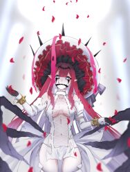 Rule 34 | 1girl, baobhan sith (fate), baobhan sith (third ascension) (fate), bare shoulders, bracelet, breasts, cross-laced clothes, detached sleeves, dress, facial mark, falling petals, fangs, fate/grand order, fate (series), frilled hat, frills, gagged, grey eyes, hair ornament, hat, highres, jewelry, kawairuka ko, large hat, long hair, looking at viewer, navel, panties, petals, pink hair, pointy ears, revealing clothes, sidelocks, solo, spiked bracelet, spikes, tears, underwear, white background, white dress, white panties
