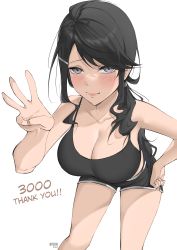 Rule 34 | 1girl, absurdres, artist name, bare shoulders, bent over, black camisole, black hair, black shorts, blush, breasts, byeon dha, camisole, cleavage, closed mouth, collarbone, dolphin shorts, eyes visible through hair, grey eyes, hair ornament, hairclip, hand on own hip, highres, ibu wulan, large breasts, long hair, looking at viewer, low ponytail, mature female, milestone celebration, mole, mole under mouth, original, pink lips, ponytail, short shorts, shorts, simple background, solo, standing, swept bangs, very long hair, white background