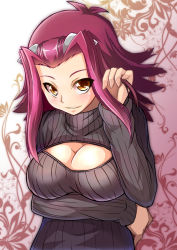 Rule 34 | 1girl, adjusting hair, alternate costume, blush, breast hold, breasts, brown eyes, cleavage, cleavage cutout, clothing cutout, izayoi aki, kohatsuka, large breasts, long hair, looking at viewer, meme attire, open-chest sweater, red hair, ribbed sweater, solo, sweater, turtleneck, upper body, yu-gi-oh!, yu-gi-oh! 5d&#039;s