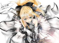 Rule 34 | 1girl, ahoge, armor, armored dress, artoria pendragon (fate), bare shoulders, blonde hair, bow, caliburn (fate), capcom, detached sleeves, dress, fate/stay night, fate/unlimited codes, fate (series), gauntlets, green eyes, hair bow, ko-wei, long hair, ponytail, saber (fate), saber lily, signature, solo, sword, weapon