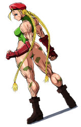 Rule 34 | 1girl, ahoge, ass, beret, blonde hair, blue eyes, boots, braid, breasts, cammy white, camouflage, clenched hands, combat boots, fingerless gloves, from behind, full body, gloves, hat, large breasts, leotard, long hair, muscular, muscular female, scar, shopyun, solo, standing, street fighter, thong leotard, twin braids