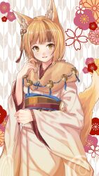 Rule 34 | 1girl, animal ear fluff, animal ears, blonde hair, brown hair, fang, fire emblem, fire emblem fates, fire emblem heroes, fox ears, fox girl, fox tail, fur collar, fuussu (21-kazin), gradient kimono, hand up, japanese clothes, kimono, long sleeves, multicolored hair, nintendo, official alternate costume, open mouth, sash, selkie (fire emblem), selkie (new year) (fire emblem), short hair, skin fang, smile, solo, streaked hair, tail, two-tone hair, two-tone kimono, white kimono, wide sleeves, yellow eyes, yellow kimono