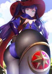 Rule 34 | 1girl, ass, ass focus, black pantyhose, breasts, cape, from behind, genshin impact, gloves, green eyes, hat, highres, kazepana, leotard, long hair, looking back, mona (genshin impact), pantyhose, purple hair, small breasts, solo, thighlet, twintails, very long hair, witch hat