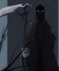 Rule 34 | 1girl, absurdres, alternate form, black robe, commentary, death (entity), glowing, glowing eyes, highres, holding, holding scythe, hololive, hololive english, hooded robe, hoodedmask, mori calliope, robe, scythe, shoulder spikes, signature, skeletal hand, solo, spikes, virtual youtuber