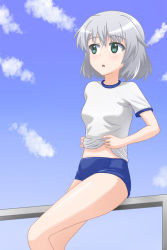 Rule 34 | 1girl, blush, breasts, green eyes, navel, sanya v. litvyak, small breasts, solo, strike witches, white hair, world witches series