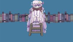 Rule 34 | 1girl, blue background, blue ribbon, book, bow, chair, crescent, crescent hair ornament, dress, hair ornament, hat, hat ribbon, holding, holding book, iwakurakomaki, knees up, long hair, looking at viewer, mob cap, multi-tied hair, patchouli knowledge, purple bow, purple dress, purple eyes, purple footwear, purple hair, purple hat, purple ribbon, purple socks, ribbon, simple background, sitting, slippers, socks, solo, striped clothes, striped dress, touhou, vertical-striped clothes, vertical-striped dress, very long hair