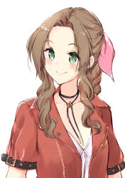 Rule 34 | 1girl, aerith gainsborough, bow, braid, brown hair, closed mouth, cropped jacket, dress, final fantasy, final fantasy vii, final fantasy vii remake, green eyes, hair ribbon, highres, jacket, long hair, minidraco, pink bow, ribbon, simple background, single braid, smile, solo, square enix, white background