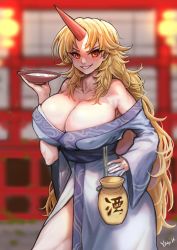 Rule 34 | 1girl, arm up, artist name, blonde hair, blue kimono, blush, bottle, breasts, cleavage, collarbone, commentary request, covered erect nipples, cup, eyelashes, grin, hand on own hip, highres, holding, holding cup, horns, hoshiguma yuugi, hoshiguma yuugi (kimono), japanese clothes, kimono, korean commentary, large breasts, long hair, long sleeves, looking at viewer, obi, off shoulder, oni, parted bangs, ponytail, red eyes, sakazuki, sake bottle, sash, sidelocks, single horn, smile, solo, standing, thick thighs, thighs, touhou, upper body, white background, yosik999