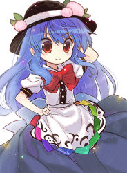 Rule 34 | 1girl, apron, back bow, bad id, bad pixiv id, biyon, black hat, blue hair, blue skirt, bow, bowtie, closed mouth, commentary request, food, fruit, hand on own hip, hand up, hat, hat ornament, hinanawi tenshi, long hair, peach, red bow, red bowtie, red eyes, shirt, short sleeves, simple background, skirt, smile, solo, touhou, twitter username, upper body, white background, white shirt