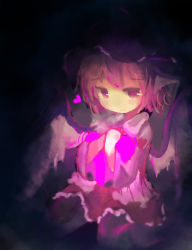 Rule 34 | 1girl, chii (tsumami tsumamare), cowboy shot, glowing, hands on own chest, hat, heart, heart-shaped pupils, looking at viewer, mystia lorelei, open mouth, own hands together, pink eyes, pink hair, short hair, simple background, solo, symbol-shaped pupils, touhou
