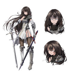 Rule 34 | 1girl, absurdres, anger vein, angry, armor, armored boots, black hair, black thighhighs, boots, breastplate, character sheet, dual wielding, elbow gloves, full body, gloves, grey eyes, highres, holding, long hair, long sword, looking at viewer, multiple views, no panties, onceskylark, original, pelvic curtain, single bare shoulder, standing, sword, thighhighs, very long hair, weapon, wings