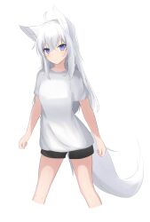 Rule 34 | 1girl, absurdres, animal ear fluff, animal ears, black shorts, breasts, closed mouth, commentary request, cropped legs, fox ears, fox girl, fox tail, hair between eyes, highres, kuronagi (mitora uwu), long hair, looking at viewer, original, purple eyes, shirt, short shorts, short sleeves, shorts, simple background, small breasts, solo, tail, very long hair, white background, white hair, white shirt