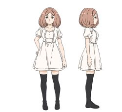 Rule 34 | 1girl, black footwear, boots, brown hair, character sheet, dress, edel (sousou no frieren), expressionless, from side, full body, medium hair, official art, profile, puffy short sleeves, puffy sleeves, short sleeves, sousou no frieren, straight-on, thigh boots, transparent background, white dress