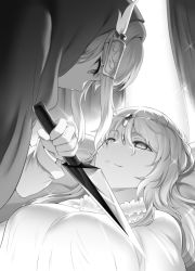 Rule 34 | 2girls, breasts, character request, circlet, cloak, commentary request, curtains, dagger, dress, eye contact, glint, gloves, greyscale, hair between eyes, hair ornament, holding, holding weapon, hood, hood up, hooded cloak, knife, large breasts, looking at another, m-da s-tarou, monochrome, multiple girls, smile, smug, tanaka the wizard, weapon