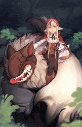 Rule 34 | 1girl, animal ears, artist name, black hair, boots, brown eyes, fire emblem, fire emblem fates, furry, furry male, grey hair, highres, hood, hoodie, leaf, long hair, multicolored hair, nintendo, sangcoon, sitting, solo, tail, teeth, tongue, tongue out, tree, two-tone hair, velouria (fire emblem), werewolf, wolf ears, wolf tail