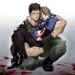 Rule 34 | 2boys, absurdres, beard, blood, blood on face, blood splatter, brown hair, carrying, chris redfield, facial hair, frown, highres, injury, large pectorals, leon s. kennedy, male focus, mature male, multiple boys, muscular, muscular male, naijarski, on one knee, pectorals, princess carry, resident evil, resident evil 4, resident evil 4 (remake), short hair, stubble, yaoi