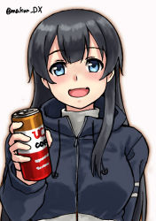Rule 34 | 1girl, agano (kancolle), black hair, black jacket, can, canned coffee, commentary request, drink can, green eyes, jacket, kantai collection, long hair, looking at viewer, maakun (makun dx), official alternate costume, one-hour drawing challenge, open mouth, simple background, smile, solo, twitter username, ucc coffee, white background