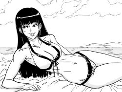 Rule 34 | 1girl, bad id, bb (baalbuddy), beach, bikini, breasts, cleavage, dead or alive, front-tie bikini top, front-tie top, greyscale, hime cut, inactive account, large breasts, lei fang, long hair, lying, monochrome, navel, ocean, on side, sketch, smile, solo, swimsuit, tecmo, water