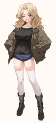 Rule 34 | 1girl, bad id, bad twitter id, black shirt, blonde hair, blouse, blue eyes, blue shorts, blurry, blush, breasts, commentary, cowboy shot, denim, denim shorts, full body, girls und panzer, grin, hair intakes, hands in pockets, highres, jacket, kay (girls und panzer), large breasts, long hair, long sleeves, looking at viewer, military, military uniform, mx2j, one eye closed, open clothes, open jacket, saunders military uniform, shirt, shirt tucked in, short shorts, shorts, simple background, smile, solo, standing, thighhighs, uniform, wavy hair, white background, white thighhighs