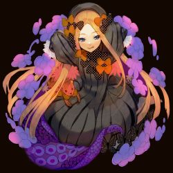 Rule 34 | 1girl, abigail williams (fate), akasakak, black background, black bow, black dress, black hat, blonde hair, blue eyes, bow, breasts, dress, fate/grand order, fate (series), forehead, hair bow, hat, highres, long hair, long sleeves, looking at viewer, multiple hair bows, orange bow, parted bangs, polka dot, polka dot bow, ribbed dress, sleeves past fingers, sleeves past wrists, small breasts, smile, stuffed animal, stuffed toy, teddy bear, tentacles