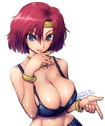 Rule 34 | 1girl, after war gundam x, amania orz, bare shoulders, blue eyes, bracelet, breasts, cleavage, collarbone, dated, ennil el, fingernails, grin, gundam, headband, jewelry, large breasts, lips, looking at viewer, navel, necklace, red hair, shiny skin, short hair, simple background, smile, solo, strap gap, twitter username, white background