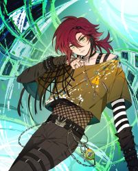Rule 34 | 1boy, belt, black hair, chain, crop top, fashion, fishnet top, fishnets, genshin impact, gloves, green eyes, highres, long sleeves, looking at viewer, male focus, mole, mole under eye, multicolored hair, red hair, shikanoin heizou, shohje, short hair, short ponytail, solo, striped sleeves