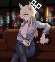 Rule 34 | 1girl, animal ear fluff, animal ears, black pantyhose, blonde hair, blue archive, blue eyes, blue shirt, blush, breasts, cityscape, cleavage, collared shirt, commentary request, couch, extra ears, feet out of frame, food, food in mouth, halo, kanna (blue archive), large breasts, long hair, long sleeves, night, notched ear, on couch, pantyhose, pencil skirt, pocky, pocky in mouth, shirt, sitting, skirt, solo, twoj