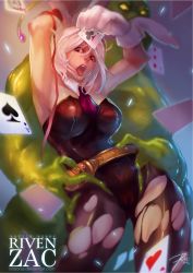 Rule 34 | 1girl, arms up, battle bunny riven, card, gloves, league of legends, open mouth, pantyhose, playboy bunny, playing card, raion (soraelf), riven (league of legends), short hair, slime (substance), torn clothes, torn legwear, waist grab, white hair, zac (league of legends)