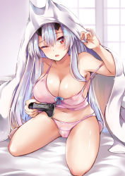 Rule 34 | 1girl, areola slip, bare legs, bare shoulders, barefoot, blush, breasts, cleavage, collarbone, controller, covered erect nipples, fate/grand order, fate (series), game controller, groin, hair between eyes, highres, holding, holding controller, holding game controller, horns, konka, large breasts, long hair, looking at viewer, one eye closed, oni horns, open mouth, panties, pink panties, pink shirt, ponytail, pussy, pussy peek, red eyes, shirt, silver hair, sitting, solo, strap slip, tank top, thighs, tomoe gozen (fate), under covers, underwear, underwear only, very long hair, wariza, window