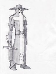 Rule 34 | 1boy, bow (weapon), coat, crossbow, full body, greyscale, gun, harpoon, harpoon gun, hat, male focus, monochrome, simple background, solo, traditional media, trench coat, weapon