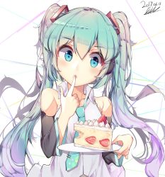 Rule 34 | 1girl, absurdres, aqua eyes, aqua hair, bil-ajeossi, blush, breasts, cake, collarbone, dated, detached sleeves, food, fruit, hair ornament, hatsune miku, headphones, highres, holding, holding plate, looking at viewer, necktie, open mouth, plate, signature, simple background, solo, strawberry, twintails, vocaloid