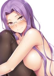 Rule 34 | 1girl, black pantyhose, blush, breast press, breasts, fate/stay night, fate (series), female focus, glasses, hugging own legs, knees to chest, large breasts, long hair, looking at viewer, medusa (fate), medusa (rider) (fate), pantyhose, purple eyes, purple hair, simple background, smile, solo, square pupils, sweat, thighband pantyhose, topless, yanagi (tsukiakari)