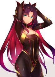 Rule 34 | 1girl, arms up, black bodysuit, black bow, blue eyes, bodysuit, bow, cleavage cutout, closed mouth, clothing cutout, colored inner hair, commentary request, covered navel, cowboy shot, fate/grand order, fate (series), flat chest, gradient background, hair bow, horns, ishtar (fate), kameponde, long hair, looking at viewer, multicolored hair, parted bangs, pink hair, purple hair, skin tight, solo, space ishtar (fate), space ishtar (first ascension) (fate), two-tone hair, two side up, very long hair, white background
