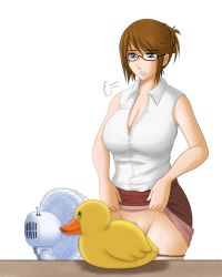 Rule 34 | 1girl, puff of air, breasts, brown hair, censored, cleavage, clothes lift, convenient censoring, cowboy shot, curvy, electric fan, fanning crotch, female focus, female pubic hair, futon suki, glasses, grey eyes, hair up, large breasts, lifted by self, mature female, panties, panty pull, parted lips, pubic hair, rubber duck, short hair, skirt, skirt lift, solo, standing, sweat, underwear, white background