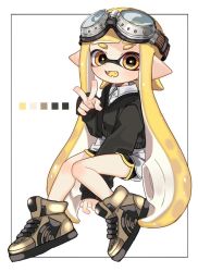 Rule 34 | 1girl, arm between legs, black border, black shorts, black sweater, blonde hair, blunt bangs, blush, border, brown footwear, collared shirt, color guide, colored tongue, dolphin shorts, fangs, full body, goggles, goggles on head, gym shorts, high tops, inkling, inkling girl, inkling player character, light blush, long hair, long sleeves, looking at viewer, maco spl, nintendo, open mouth, pointy ears, shirt, shoes, short shorts, shorts, single vertical stripe, sitting, smile, sneakers, splatoon (series), splatoon 2, straight-laced footwear, sweater, tentacle hair, v, v-shaped eyebrows, very long hair, white background, white shirt, yellow eyes, yellow tongue