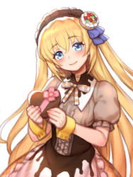 Rule 34 | 1girl, blonde hair, blue eyes, blush, brown dress, center frills, chocolate, closed mouth, colette brunel, collared dress, dress, folks (nabokof), frills, gift, hair ornament, head tilt, long hair, looking at viewer, puffy sleeves, short sleeves, simple background, smile, solo, tales of (series), tales of symphonia, tower of saviors, underbust, upper body, very long hair, white day, wrist cuffs