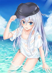 Rule 34 | 1girl, anchor print, bikini, bikini bottom only, black bikini, black hat, blue eyes, blue sky, blush, cloud, collarbone, day, flat chest, hair between eyes, hat, hibiki (kancolle), highres, holding, holding clothes, holding hat, jyl (tiankonghuayin), kantai collection, long hair, looking at viewer, ocean, open mouth, outdoors, see-through, shirt, short sleeves, side-tie bikini bottom, silver hair, sky, solo, standing, swimsuit, very long hair, wading, water, wet, wet clothes, wet shirt, white shirt