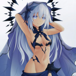 Rule 34 | 1girl, armpits, arms behind head, bad id, bad pixiv id, bare shoulders, blue dress, blue eyes, blue neckwear, blue ribbon, bow, bowtie, breasts, cowboy shot, date a live, dress, habit, hair ribbon, halo, highres, keenh, long hair, looking at viewer, medium breasts, navel, revealing clothes, ribbon, silver hair, smile, spoilers, tobiichi origami