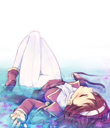 Rule 34 | 1girl, ankle boots, blush, boots, brown hair, fingerless gloves, fingernails, flower, gloves, hairband, half-closed eyes, holding, kanzaki sumire, lying, mole, mole under eye, pants, parted lips, partially submerged, red footwear, sakura taisen, simple background, solo, thigh gap, uniform, water, wato, white gloves, white hairband, white neckwear, white pants