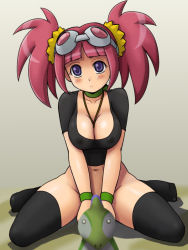 Rule 34 | 00s, 1girl, between breasts, black thighhighs, blue eyes, blush, bottomless, breasts, censored, choker, cleavage, climax entertainment, collar, convenient censoring, crop top, dinosaur king, goggles, goggles on head, jewelry, large breasts, long hair, navel, no panties, pendant, pink hair, purple eyes, red hair, sega, shiny skin, short hair, sitting, socks, solo, tatsuno malm, thighhighs, tsumitani daisuke, twintails, v arms, wariza, wristband