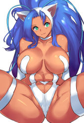 Rule 34 | 1girl, ahoge, animal ears, ass, bare shoulders, big hair, blue hair, blue ribbon, breasts, cat ears, cat girl, closed mouth, collarbone, felicia (vampire), fur, green eyes, hair ribbon, highres, large breasts, leaning back, long hair, looking at viewer, navel, negresco, ribbon, simple background, slit pupils, smile, solo, spread legs, thighs, vampire (game), white background, white fur