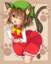 Rule 34 | 1girl, ;d, ;o, animal ears, blush, bow, bowtie, bright pupils, brown background, brown eyes, brown footwear, cat ears, cat tail, chen, earrings, extra ears, fang, frilled skirt, frills, full body, green hat, hair between eyes, hat, highres, inon, jewelry, long sleeves, mob cap, multicolored eyes, multiple tails, nekomata, one eye closed, open mouth, paw pose, paw print, paw print background, red skirt, red vest, short hair, skirt, smile, solo, tail, tareme, touhou, two tails, vest, yellow bow, yellow bowtie, yellow eyes