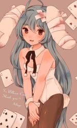 Rule 34 | :d, adapted costume, ahoge, animal ears, bandages, black ribbon, blue hair, blush, bowing, card, commission, detached collar, hair between eyes, highres, ichigo (ichigoxxusagi), indie virtual youtuber, leotard, light blue hair, long hair, looking at viewer, lop rabbit ears, open mouth, own hands together, pantyhose, para (vtuber), pink background, playboy bunny, playing card, pom pom (clothes), rabbit ears, rabbit girl, rabbit tail, red eyes, ribbon, sharp teeth, skeb commission, smile, tail, teeth, very long hair, virtual youtuber, wrist cuffs
