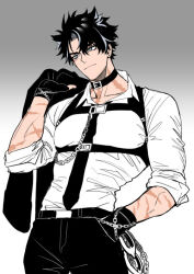 Rule 34 | 1boy, belt, black belt, black choker, black gloves, black hair, black necktie, black pants, blue eyes, chain, chest harness, choker, colored skin, cowboy shot, cuffs, earrings, facial scar, fingerless gloves, genshin impact, gloves, gradient background, grey background, hand in pocket, harness, holding, holding clothes, jewelry, leather, leather choker, looking ahead, male focus, multicolored hair, necktie, onegingek, pants, scar, scar on arm, scar on cheek, scar on face, scar on neck, shirt, short hair, simple background, sleeves rolled up, smile, solo, standing, stud earrings, tight clothes, white background, white shirt, white skin, wriothesley (genshin impact)