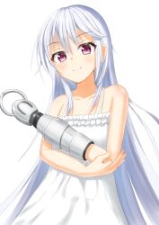 Rule 34 | 1girl, absurdres, bare arms, blue hair, blush, closed mouth, collarbone, commentary, crossed arms, dress, grisaia (series), grisaia no rakuen, hair between eyes, highres, kazami kazuki, light blue hair, long hair, looking at viewer, mechanical arms, red eyes, sidelocks, simple background, single mechanical arm, smile, solo, split mouth, spoilers, sundress, upper body, very long hair, wada (fzwprhf3aj45658), white background, white dress
