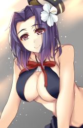 Rule 34 | 10s, 1girl, bad id, bad twitter id, bare shoulders, bikini, breasts, cleavage, female focus, gradient background, kantai collection, large breasts, leaning forward, looking at viewer, mole, mole under eye, morizono shiki, purple hair, red eyes, short hair, smile, solo, swimsuit, tatsuta (kancolle)